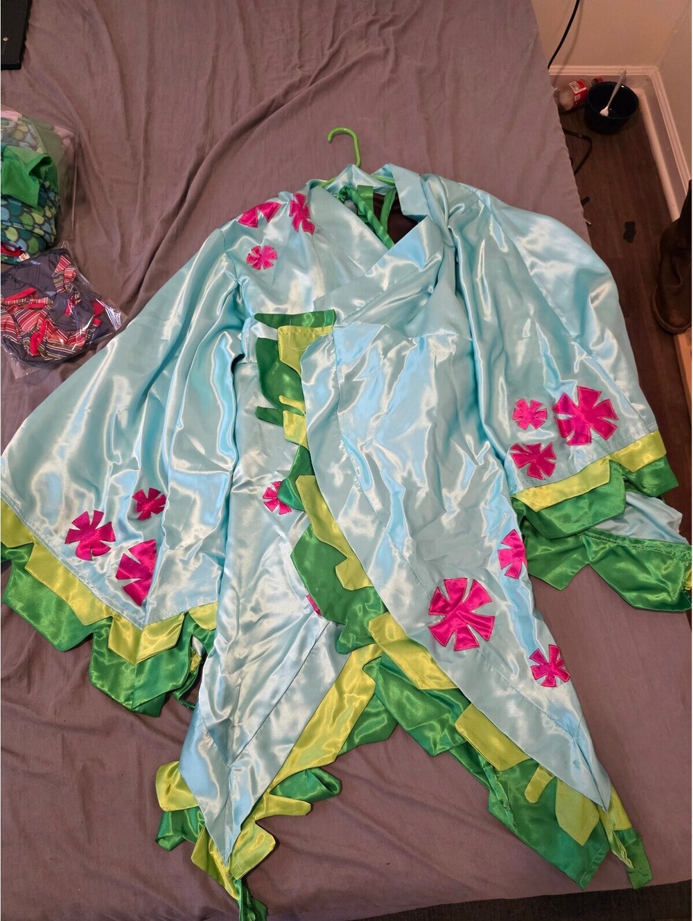 Satin Robe with Pink Floral Appliques and Green Trim
